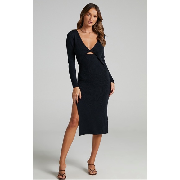 Irmia Twist Front Knit Midi Dress in Black - Picture 2 of 12